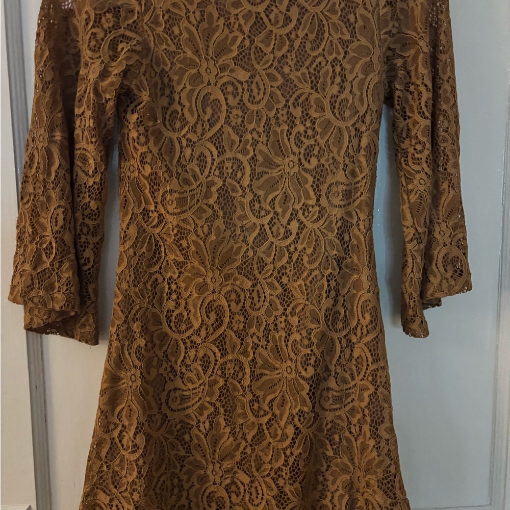 Joyfolie Long Sleeve Lace Dress in Brown